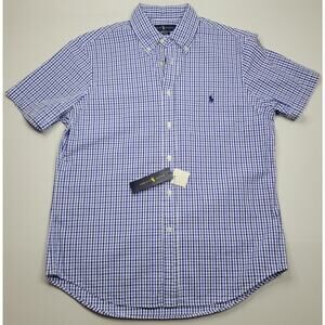 Ralph Lauren Seersucker Short Sleeve Blue White Gingham Plaid Men's Shirt size M